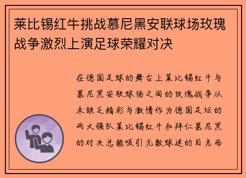 莱比锡红牛挑战慕尼黑安联球场玫瑰战争激烈上演足球荣耀对决
