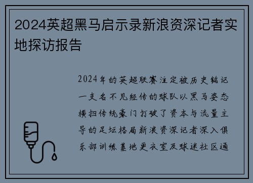 2024英超黑马启示录新浪资深记者实地探访报告
