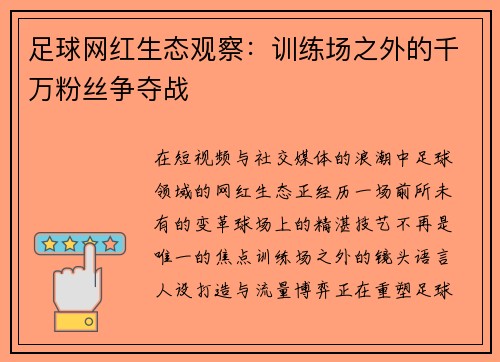 足球网红生态观察：训练场之外的千万粉丝争夺战